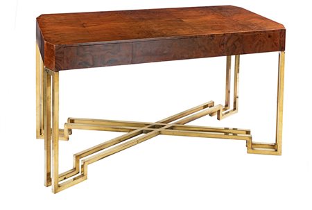 Scrivania in radica di tuja base in bronzo dorato con tre cassetti . Prod...