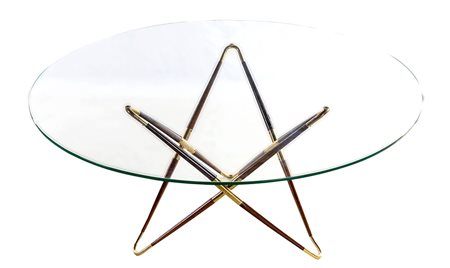 Tavolino base in legno con raccordi in ottone piano in vetro circolare 1950...