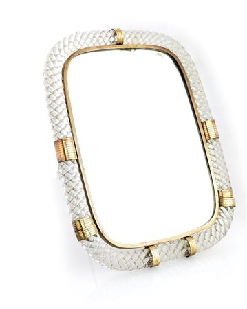 Specchio da appoggio con cornice in vetro di Murano a torciglione con foglia...