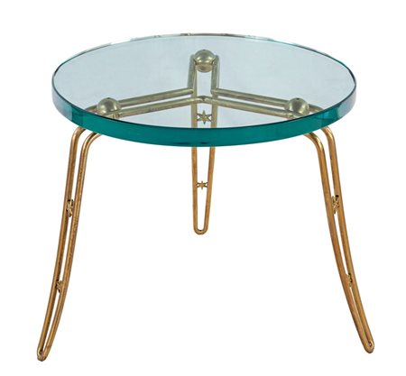 Tavolino con struttura in fusione d'ottone con stelline e piano in cristallo...