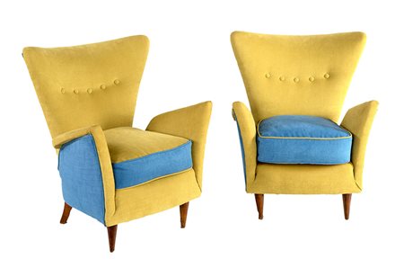 Coppia di Poltrone struttura in legno rivestimento in tessuto nuovo bicolore...