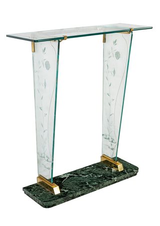 Consolle a parete in cristallo molato con disegni incisi all'acido, base in...