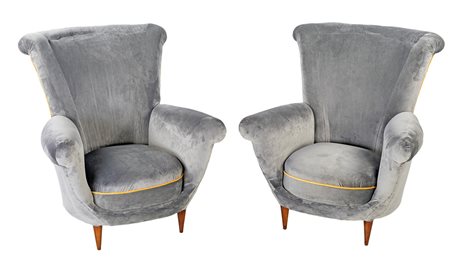 Coppia di poltrone struttura in legno, rivestimento in velluto grigio...