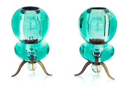Lampade coppia in vetro sommerso verde smeraldo composte ognuna da due globi...