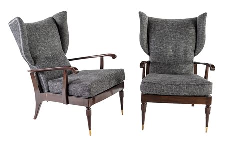 Coppia di Poltrone reclinabili con braccioli e struttura in legno di mogano...