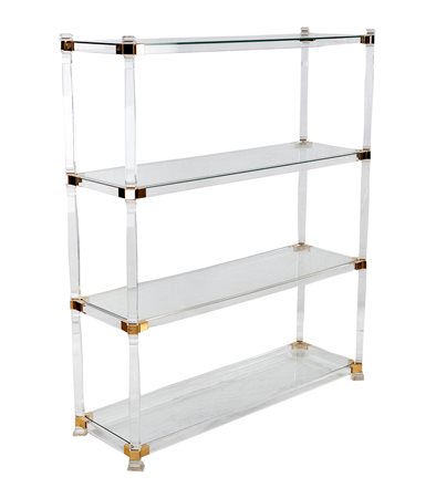 Libreria in plexiglass ripiani in vetro dettagli in ottone 1980 1.30x1.01.37