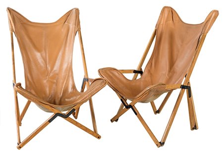 Coppia di Poltrone pieghevoli "Tripoline " struttura in legno raccordi in...