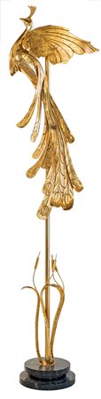 Lampada da terra scultura fusione in ottone dorato a forma di pavone base in...