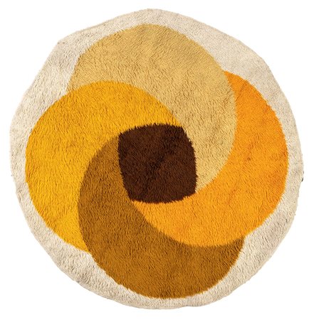 Tappeto tondo disegno a spirale in lana, pelo medio colori tipici dell'epoca...