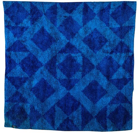TAPPETO in lana pelo lungo colori e disegni tipici dell'epoca azzurro 1970...