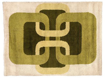 Tappeto in lana, pelo medio colori e disegni tipici dell'epoca verde chiaro e...