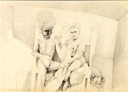 Ugo Attardi Genova 1923-Roma 2006, Il re e la regina 1970 Disegno su carta cm...