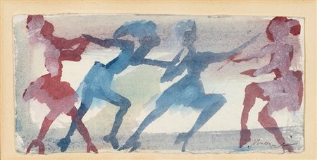 Mino Maccari Siena 1898-Roma 1989, Figure Acquarello su cartoncino cm 10x21,5...