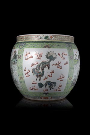 Grande giardiniera in porcellana Famiglia Verde decorata con leoni Buddhisti...