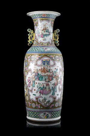 Vaso biansato in porcellana Famiglia Rosa decorato con scene galanti...