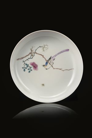 Piatto in porcellana Famiglia Rosa decorato con uccellino su ramo in fiore,...