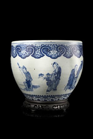 Jardiniere in porcellana bianca e blu decorata con gli Otto Immortali, base...