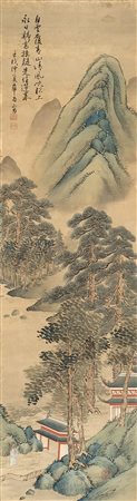 Dipinto raffigurante paesaggio montano, datato 1982 e firmato HuashiCina,...