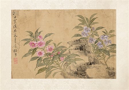 Due dipinti a inchiostro e colore su seta, uno raffigurante pesci e ramo di...