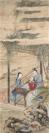 Coppia di dipinti raffiguranti dame in padiglioni e giardini, inchiostro e...