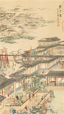 Dipinto raffigurante paesaggio con padiglioni, datato 1976 e firmato Han Zong...