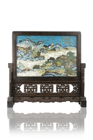 Schermo rettangolare in metallo cloisonnè decorato con paesaggio e...