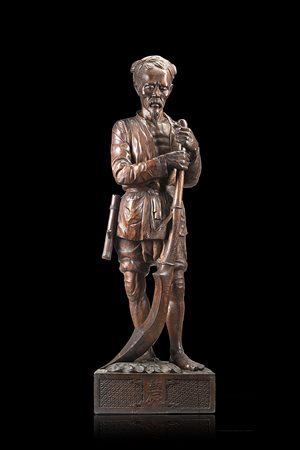 Scultura in legno 'nanmu' raffigurante raffigurante contadino con falce,...
