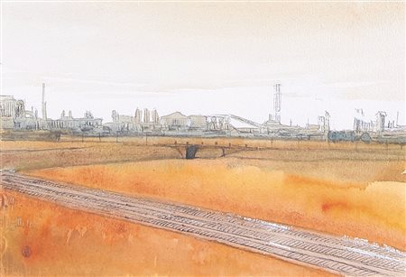 ALESSANDRO BUSCI Milano 1971 Fabbriche acquerello su carta cm. 17x25, sigla...