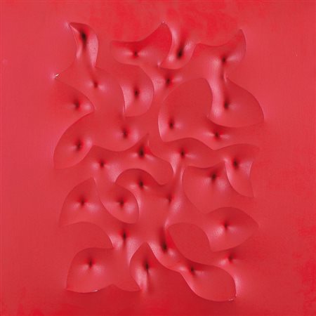 GIUSEPPE AMADIO Todi 19/05/1944 AGEBE tela estroflessa rossa cm. 40x40, firma...