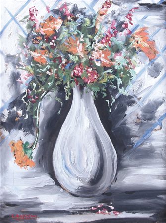 CESARE ANDREONI Milano 1903 - Milano 1961 Fiori con vaso grigio tecnica mista...
