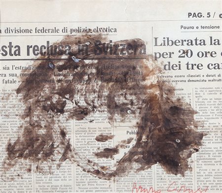 BRUNO CARUSO Palermo 08/08/1927 Volto tecnica mista su carta di giornale cm....