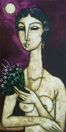 BRUNO LANDI Roma 23/03/1941 Donna con fiori, 2002 olio su tela cm. 80x40,...