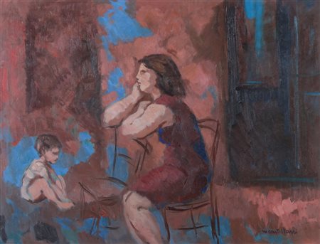 MARIO CASTELLANI Genova 1914 - 1985 Donna e bambino olio su tela cm. 50x65,...