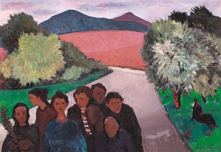 BEPPE GUZZI Genova 23/03/1902 - Roma 1982 Figure lungo la via, 1970 olio su...