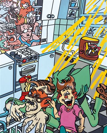 GUDMUNDUR ERRO Geboren (Islanda) 1932 Kitchen bazar, 2007 olio su tela cm....