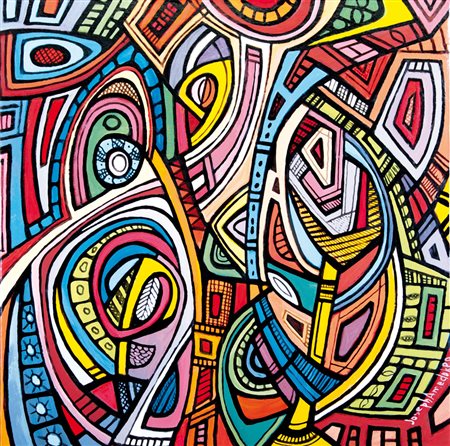 JOSEPH AMEDOKPO Vogan (Togo) 1946 Birds kingdom olio su tela di sacco cm....