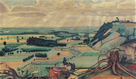 CARLO GUARIENTI Treviso 1923 Paesaggio, 1952 olio su tavola cm. 34,5x60,...