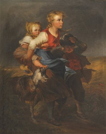 Wiener Maler um 1850 , Bambini in fuga;Olio su tela, 80 x 64,5 cm, in cornice