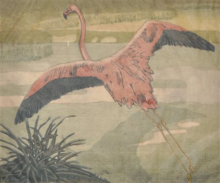 Carl Moser (Bozen/Bolzano 1873 – 1939), Flamingo, 1936;Xilografia a colori,...