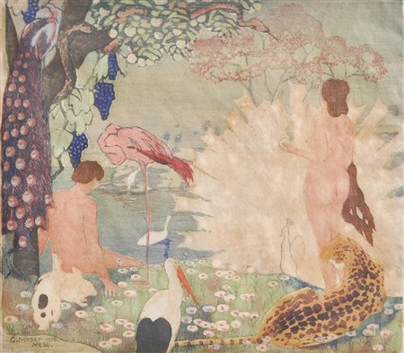 Carl Moser (Bozen/Bolzano 1873 – 1939), Paradiso, 1926;Xilografia colorata,...