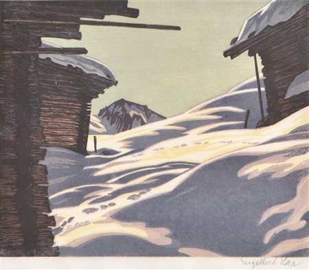 Ernst Lap (Graz 1886 – Innsbruck 1970), Malghe in inverno;Xilografia...