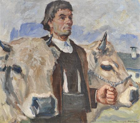 Lois Alton (Krumau 1894 – Innsbruck 1972), Contadino con mucche davanti allo...