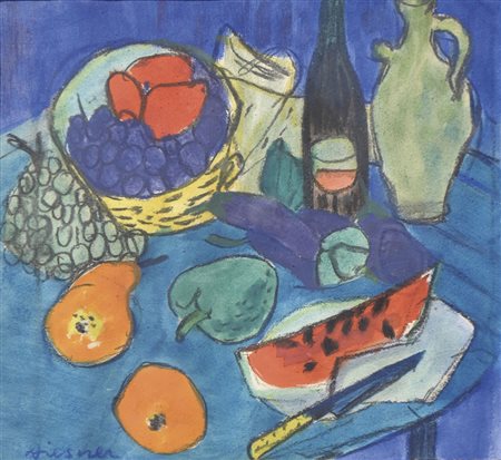 Gerhild Diesner (Innsbruck 1915 – 1995), Natura morta su blu, 1960;Guazzo,...