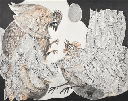 Norbert Strolz (Strengen 1922 – 1990), Due galline;Tecnica mista su carta, 36...