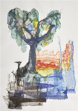 Inge Höck (* Münster/Tirol 1922), Quiete sotto l’albero;Collage tessile, 48 x...