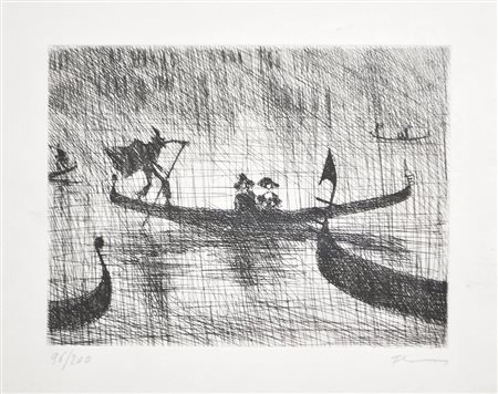 Paul Flora Glurns/Glorenza 1922 – Innsbruck 2003), Gondolieri;Acquaforte,...