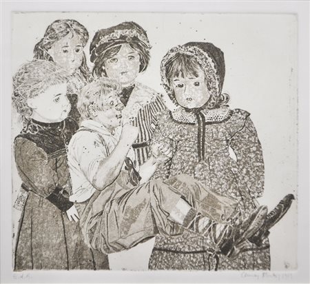 Elmar Peintner (*Zams 1954), Pagliaccio e bambola, 1989;Acquaforte, 18,5 x...