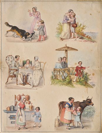 Maler um 1850/Pittore del 1850 ca. Szenen zur Kindeserziehung, Scene di...
