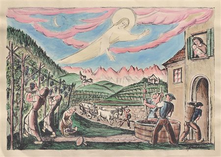 Ignaz Gabloner , Vendemmia in Alto Adige;Litografia colorata a mano, 33,5 x...