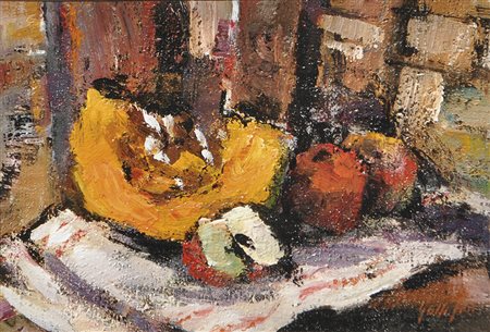 Annamaria Rossi Zen (* Adria 1941), Natura morta con melone; Olio su cartone,...